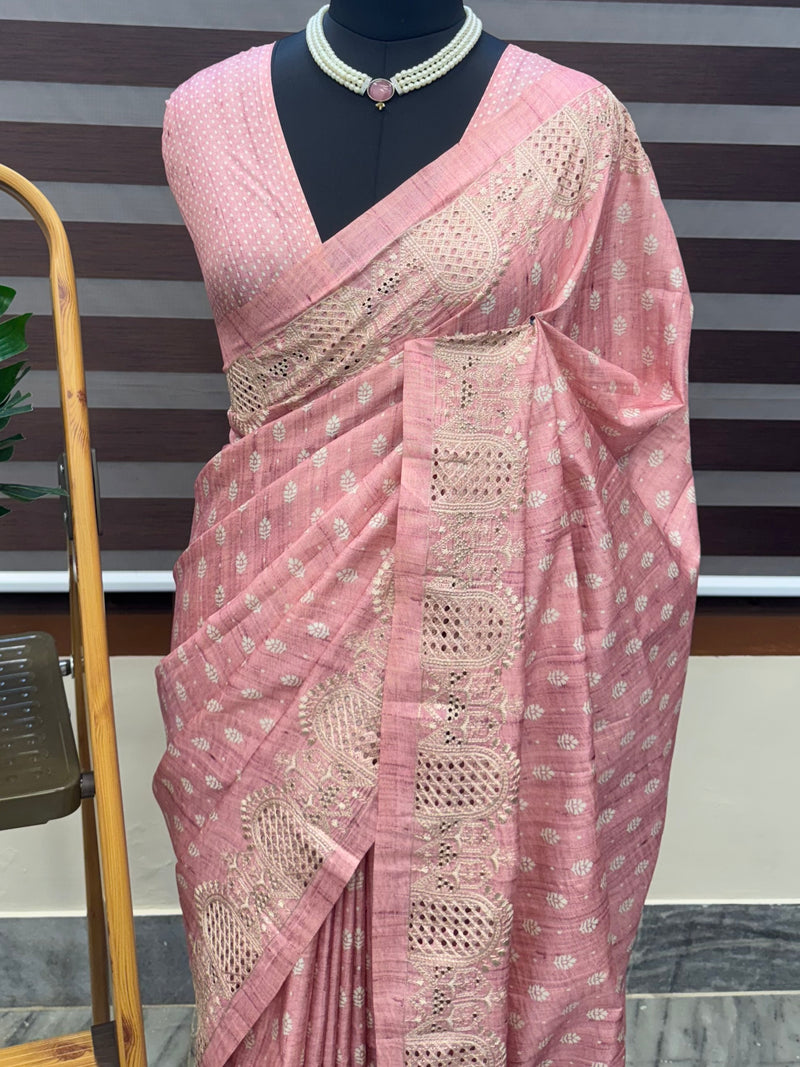 Cutwork blended tussar saree SNFNICY Pink