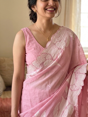 Kota chanderi saree with applique work borders- MSH224 Pink