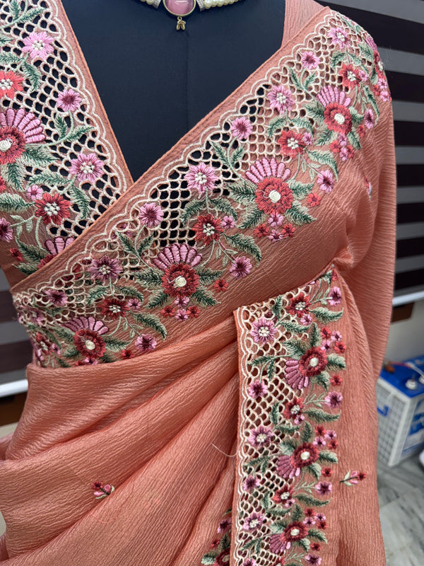 Crush Georgette-Organza cutwork & embroidery saree BISCCYIM Peach