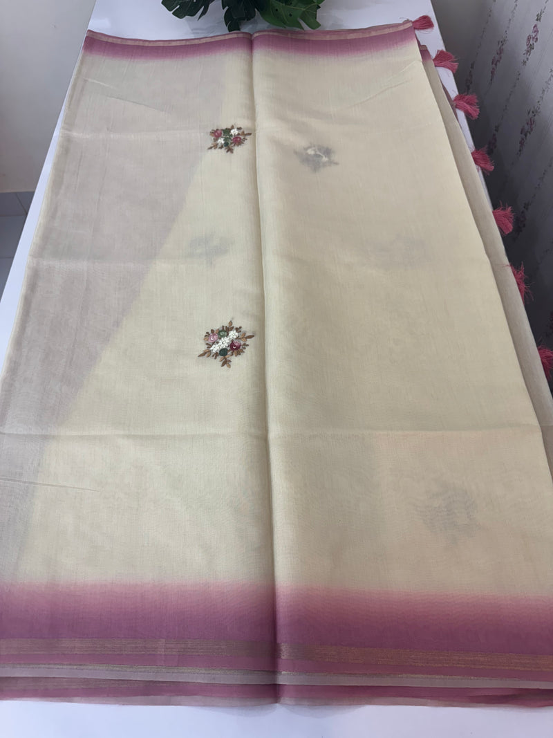 Kosa Tussar silk saree with hand embriodery - MS8199 BlushPink