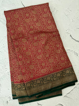 Banarasi semi katan saree with contrast border MKS455 Red to BottleGreen