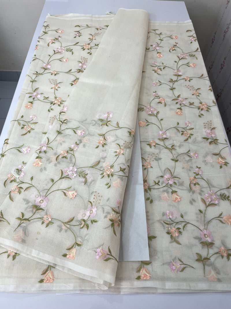 Kota Supernet embriodery saree SHSNYNM- White