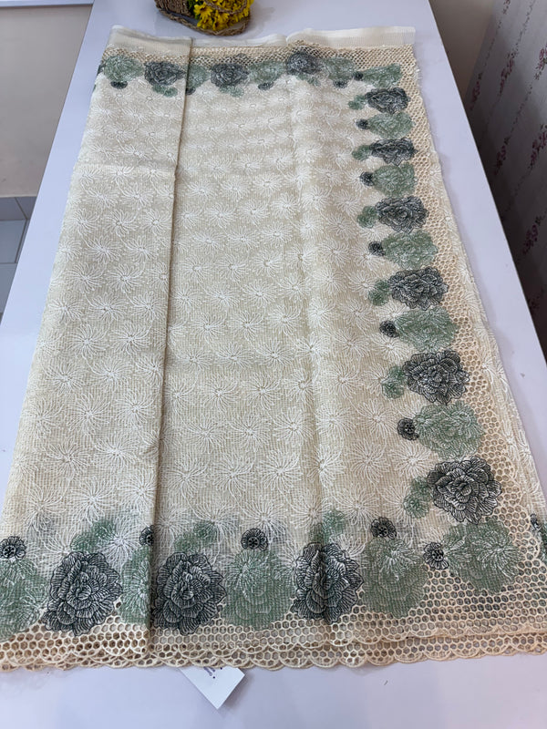 Cutwork Phulkari NetKota Embroidery saree - OffWhite