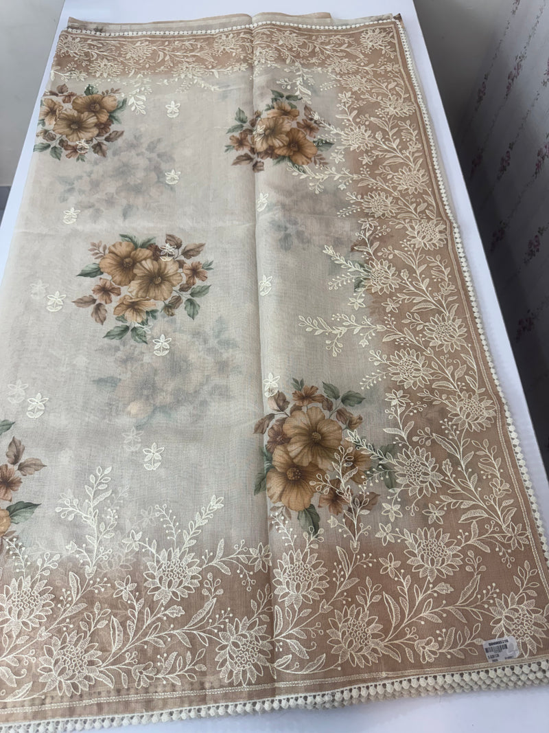 Digital printed Tissue silk saree with Chikankari embroidery MS88786