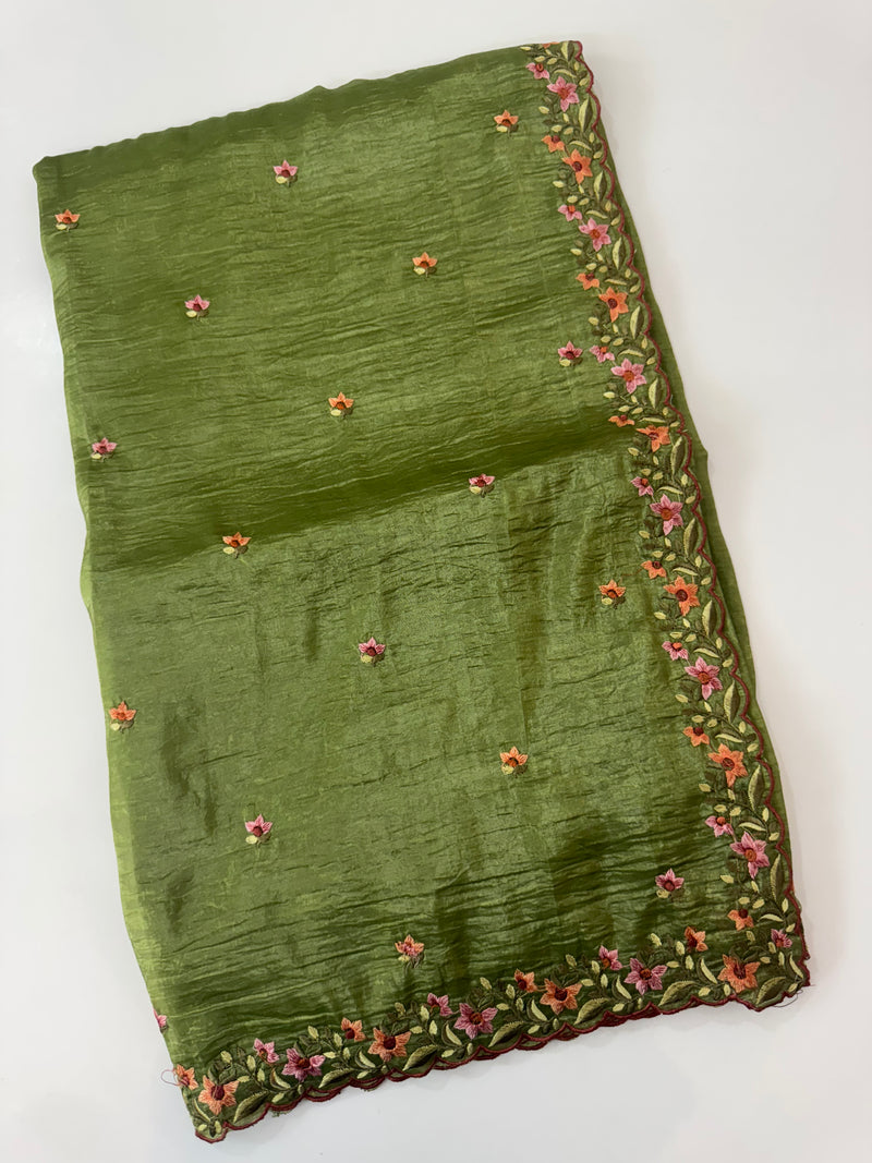 Crush Organza embroidery saree MS14567 LeafGreen