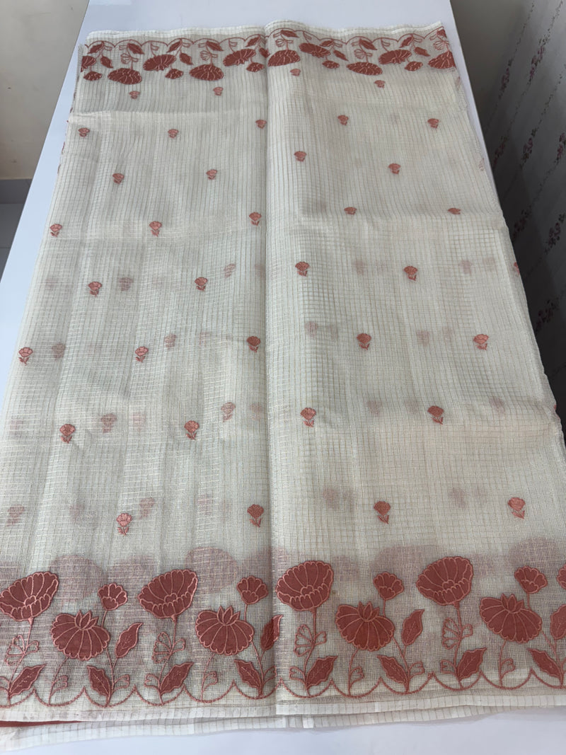 Tissue silk saree with zari checks and applique work  MSH105- Offwhite to DuskyPeach