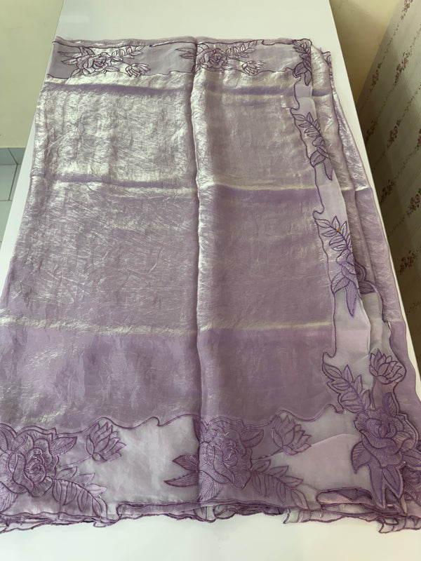 Fancy satin silk organza saree with applique borders MS14207 Lavender