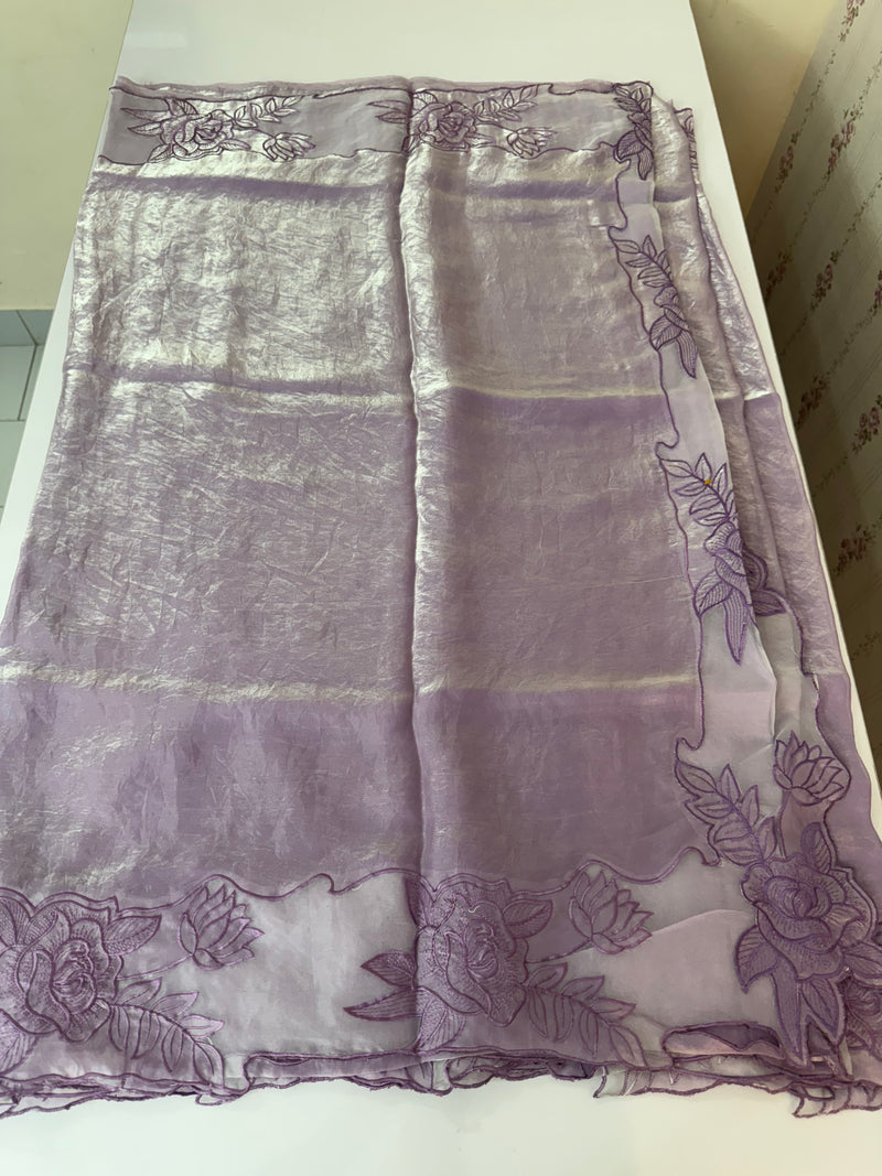 Fancy satin silk organza saree with applique borders MS14207 Lavender