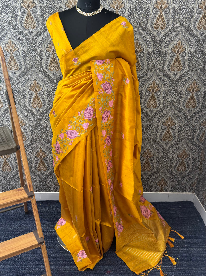 Blended tussar silk saree with cross stitch embroidery- MS78911