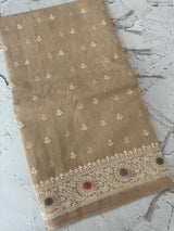 Tissue linen saree with embroidery MTL451 Chiku