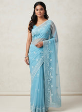 Semi organza saree with lace embroidery - MSH117 LightBlue