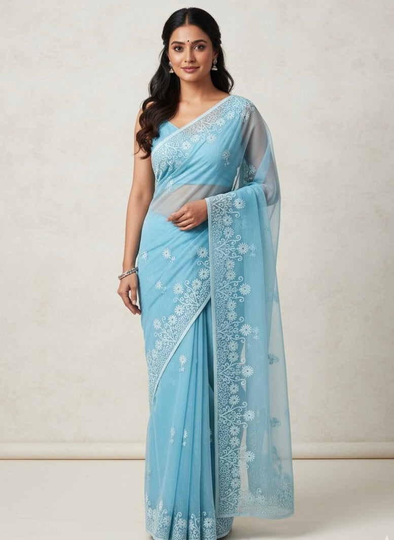 Semi organza saree with lace embroidery - MSH117 LightBlue