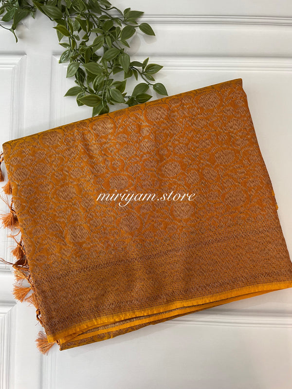 Semi katan Banarasi saree in antique zari weaving - MSKB132 Orange-Yellow