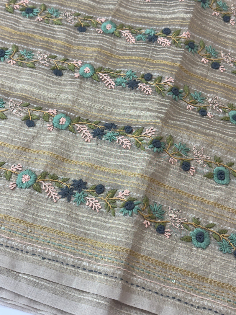 Tissue silk saree with hand embriodery - MS4561 Tan shade