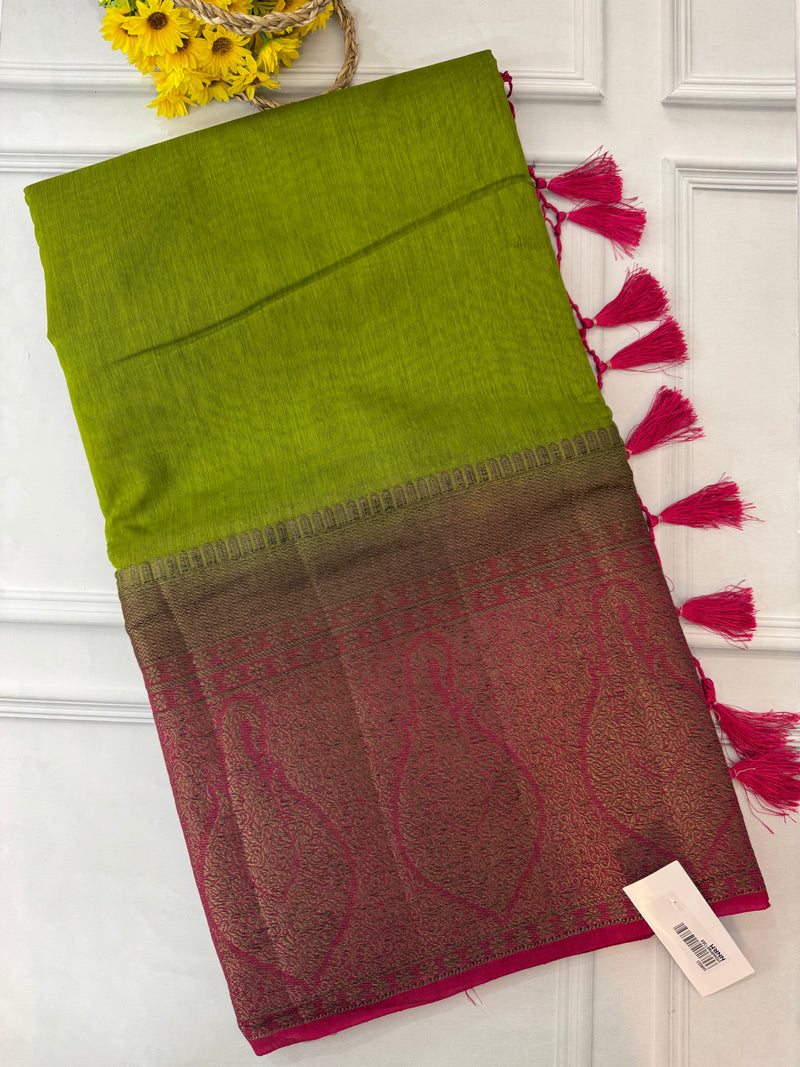 Jute silk sarees with contrast pallu & blouse MJL3412 ParrotGreen to Pink