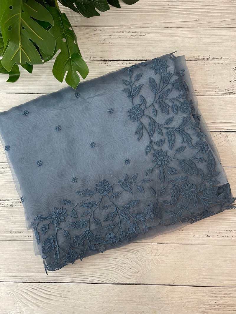 Tissue Organza saree with embriodery MS14638 DuskyBlue