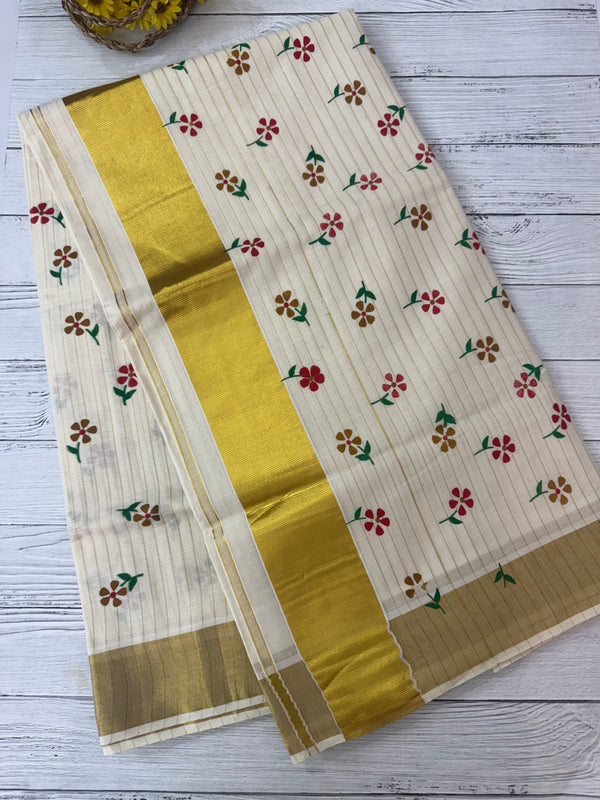 Kerala cotton saree - Red flowers