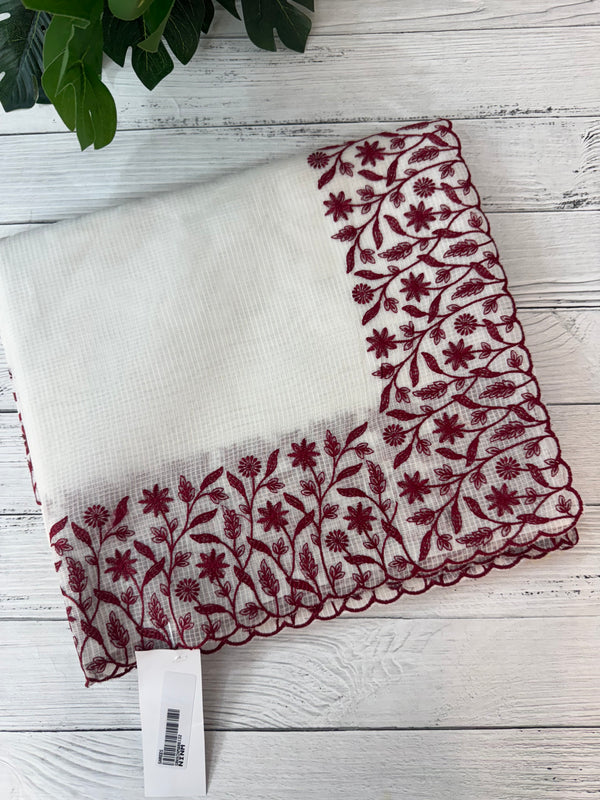 Kota silk saree with embroidery MSB643 White & Maroon