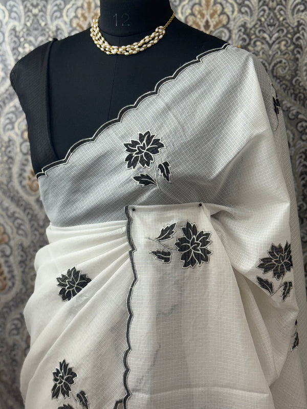 Soft kota silk saree with applique work MS15102- Black& white