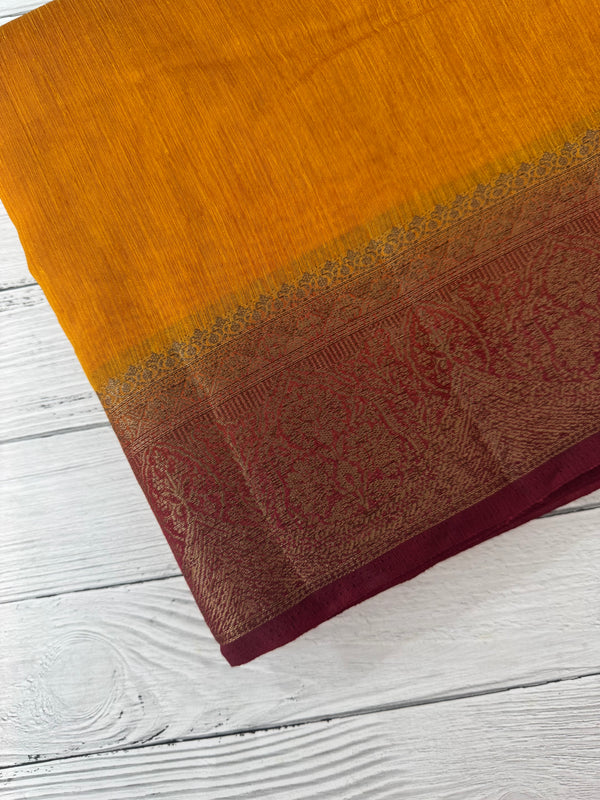 Jute silk sarees with contrast pallu & blouse MJL396- Mustard to maroonred