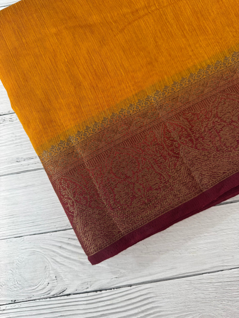 Jute silk sarees with contrast pallu & blouse MJL396- Mustard to maroonred