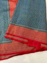 Banarasi semi katan saree with contrast border SHKNTNM- OceanaBlue to Red