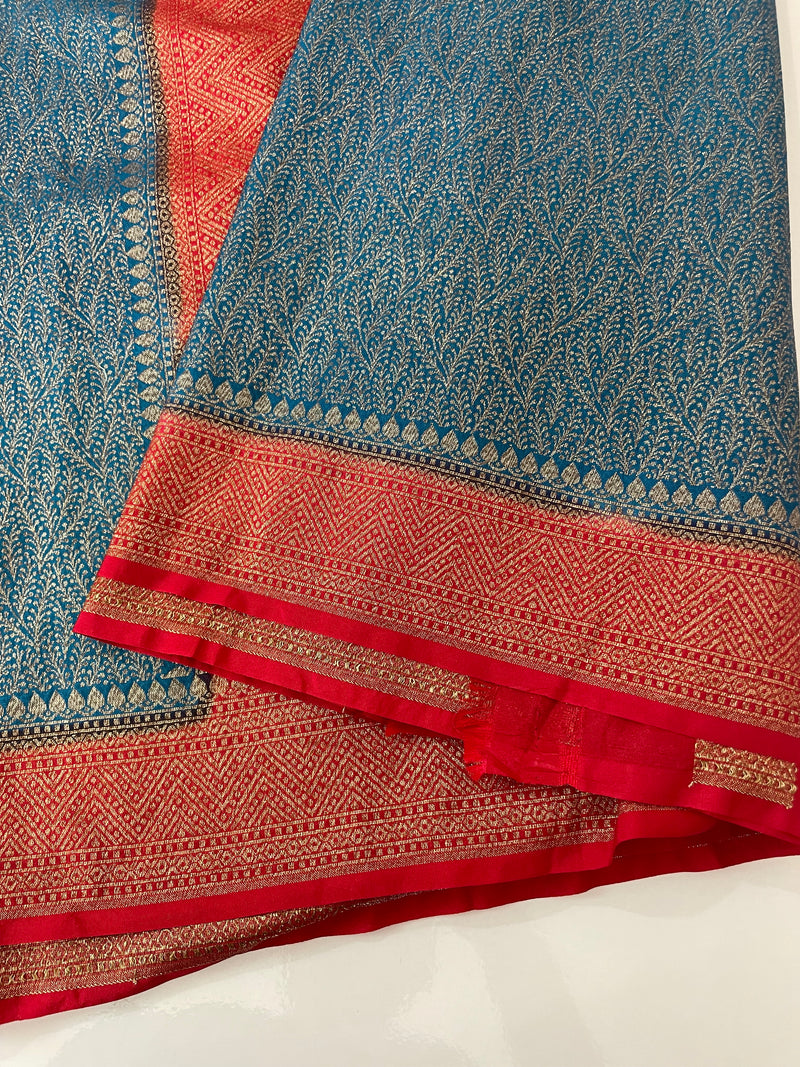 Banarasi semi katan saree with contrast border SHKNTNM- OceanaBlue to Red