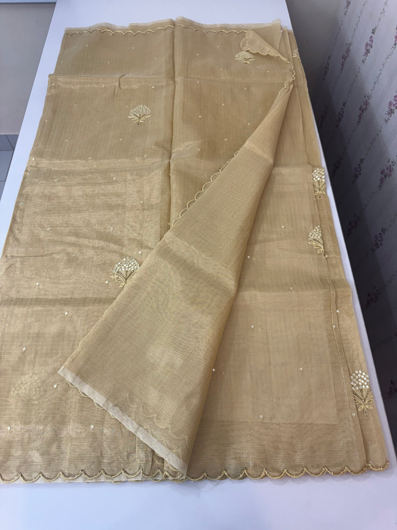 Tissue silk saree with mirror work and scalloped border MTSS432 - Goldenyellow