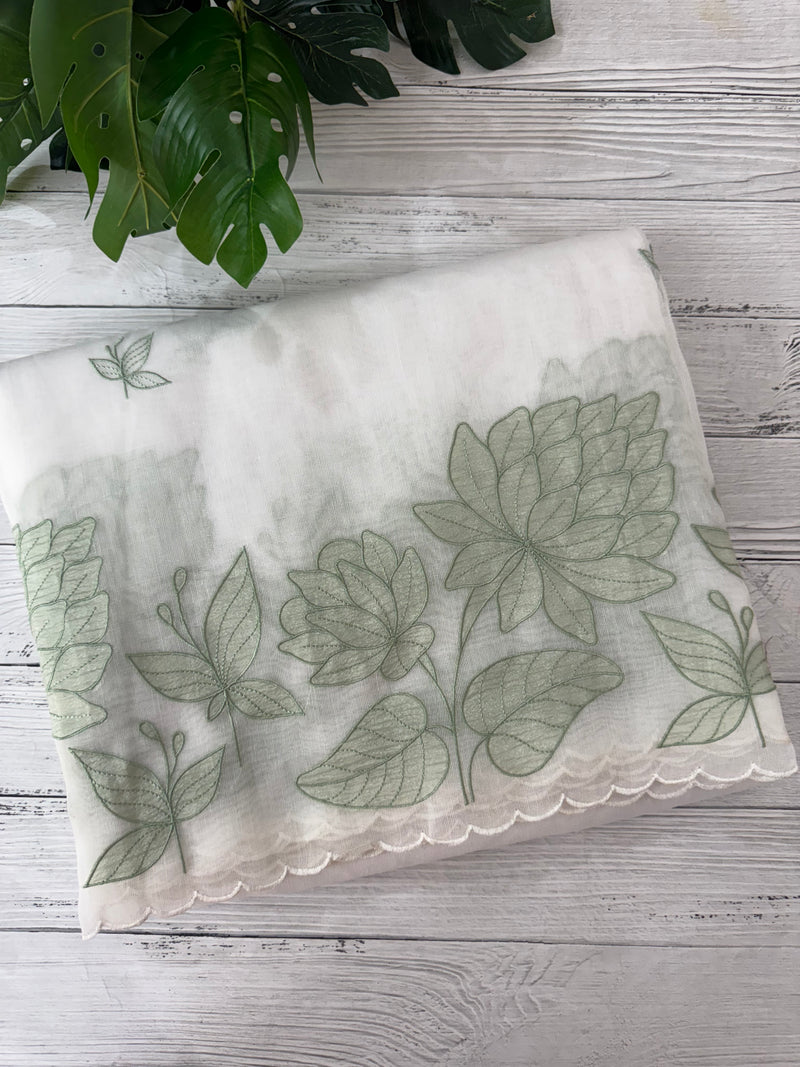 Tissue mix soft silk saree with applique work MTSS5432 White to DuskyGreen