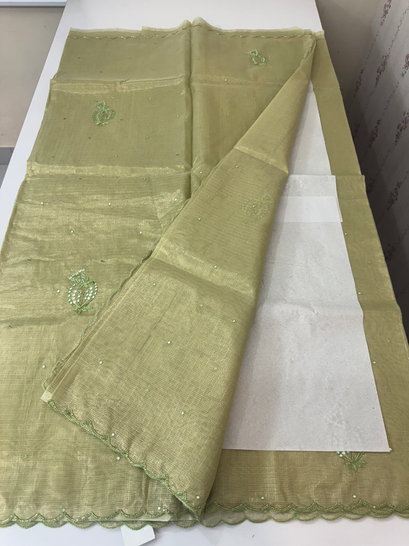 Tissue silk saree with mirror work and scalloped border MTSS432- LightGreen
