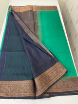 Jute silk sarees with contrast  pallu & blouse MJL324 Green to DarkBlue