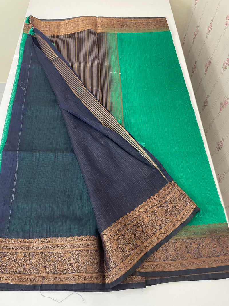 Jute silk sarees with contrast  pallu & blouse MJL324 Green to DarkBlue