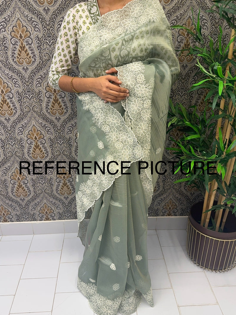 Crush Organza saree with applique work borders MS14413 DuskyGreen