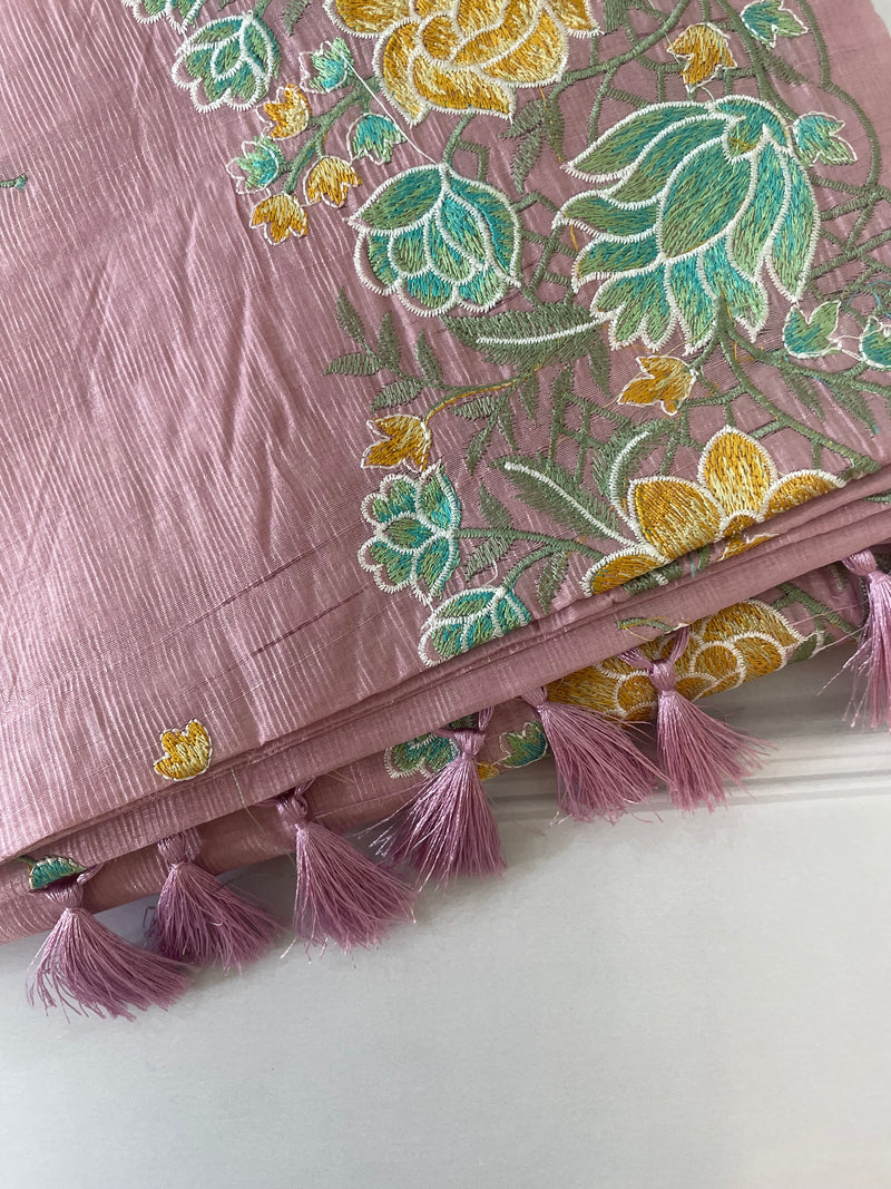 Crushed semi tussar silk saree with embroidery- SNFCYEY34 OnionPink