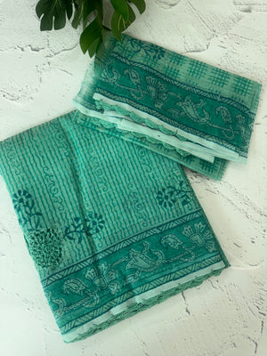 Supernet kota saree with crochet borders MS6777- Green