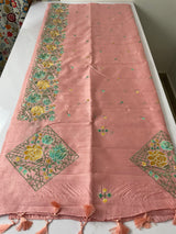 Crushed semi tussar silk saree with embroidery- SNFCYEY32 Peachypink