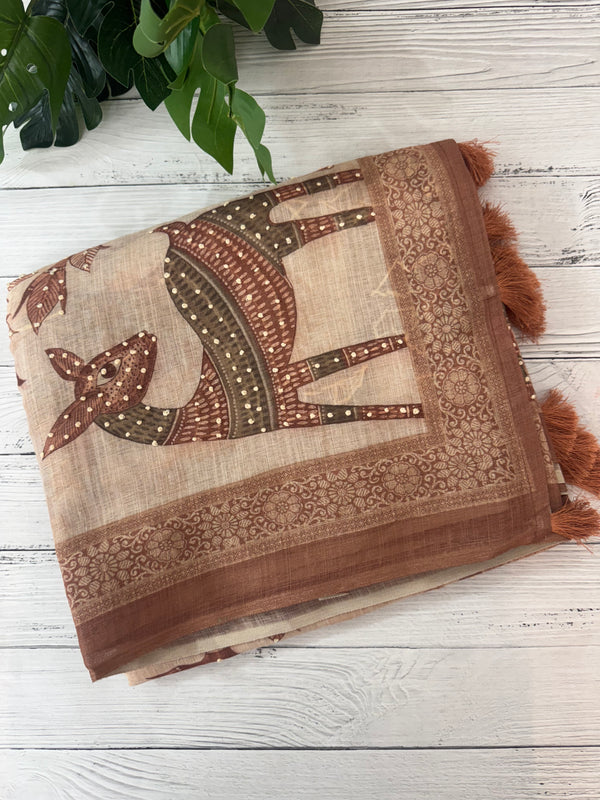 Blended linen saree with knotted embroidery and digital prints MLS4545