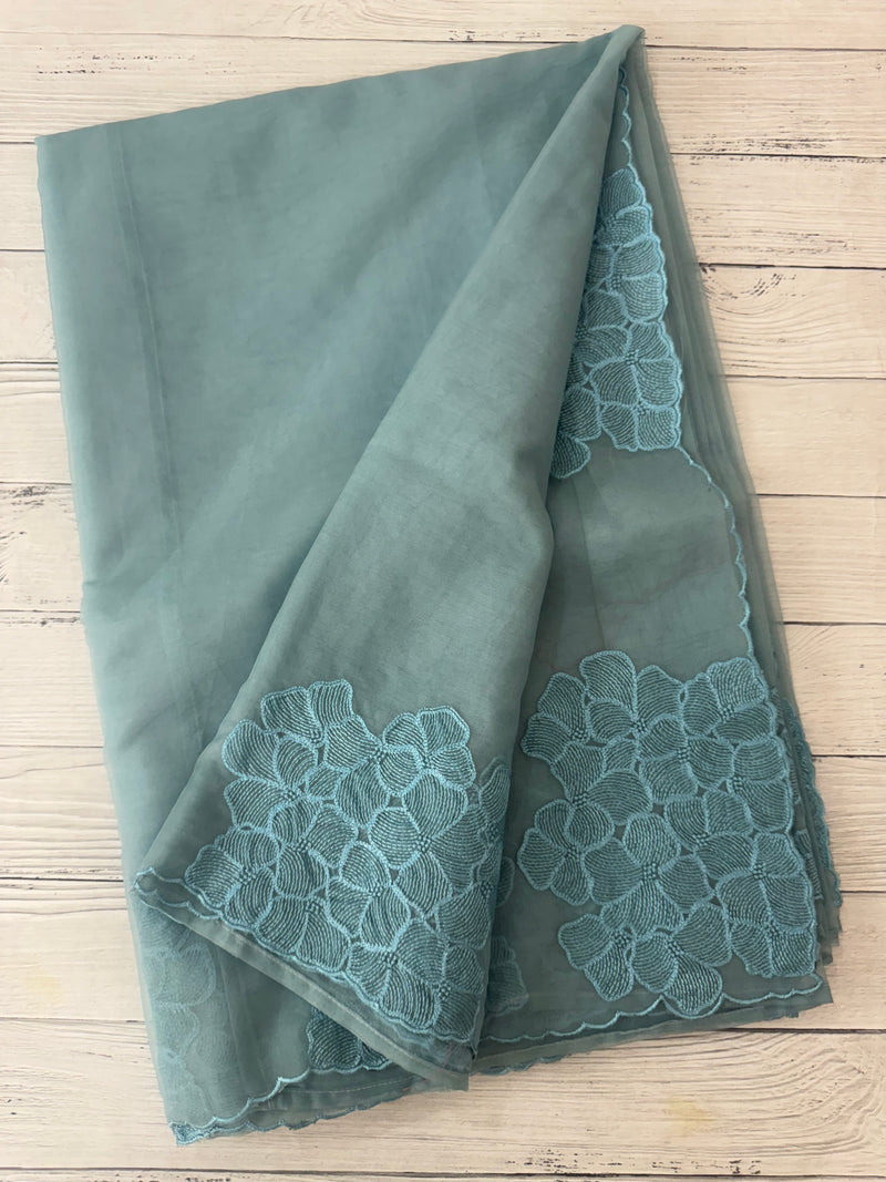 Semi organza saree with embroidery & scallop border - MSH901 LightBlue