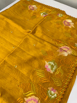 Crushed Blended tussar silk saree with embroidery- MTS355 - Mustard