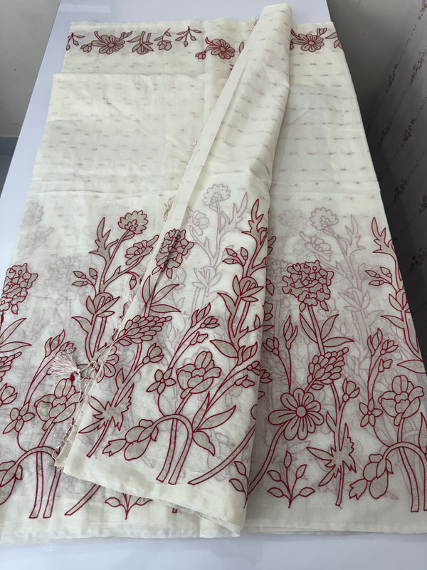 Mul chanderi applique work saree  MSH132 - Offwhite & Red