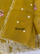 Soft crush Organza saree with embroidery and applique work MS14764 MustardYellow