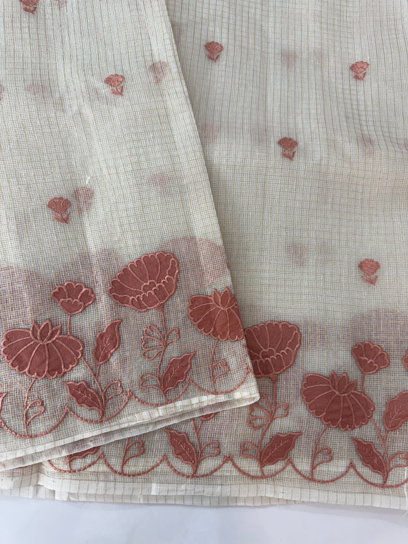 Tissue silk saree with zari checks and applique work  MSH105- Offwhite to DuskyPeach