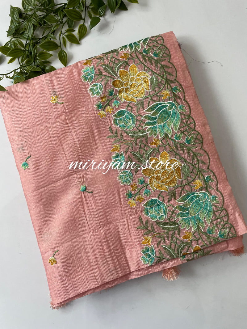 Crushed semi tussar silk saree with embroidery- SNFCYEY32 Peachypink