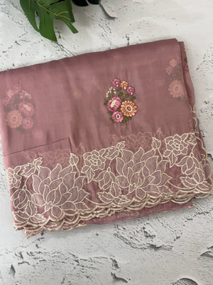 Soft crush Organza saree with embroidery and applique work MS14764 DuskyOnion