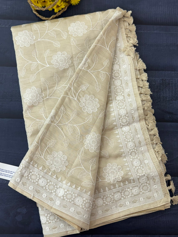 Blended tussar saree with embriodery - MS7399 Cream