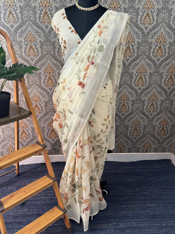 Handworked floral digital printed semi Linen Saree MLS611