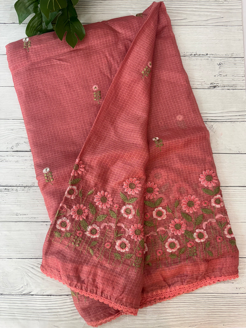 Soft kota checks saree with embroidery - SVPSNM Peach