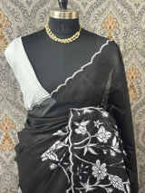 Soft kota silk saree with applique work MS14410- Black& white