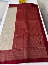 Semi katan Banarasi saree with antique zari weaving MSKZ250 Offwhite & MaroonRed