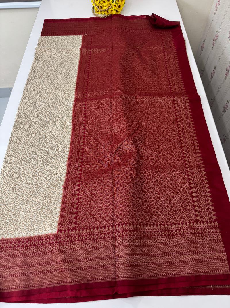 Semi katan Banarasi saree with antique zari weaving MSKZ250 Offwhite & MaroonRed